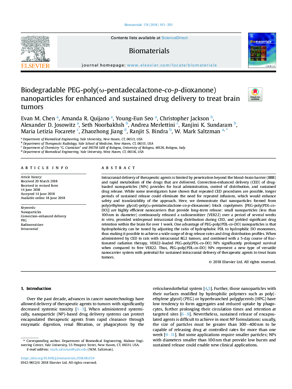 Biodegradable PEG-poly(Ï-pentadecalactone-co-p-dioxanone) nanoparticles for enhanced and sustained drug delivery to treat brain tumors