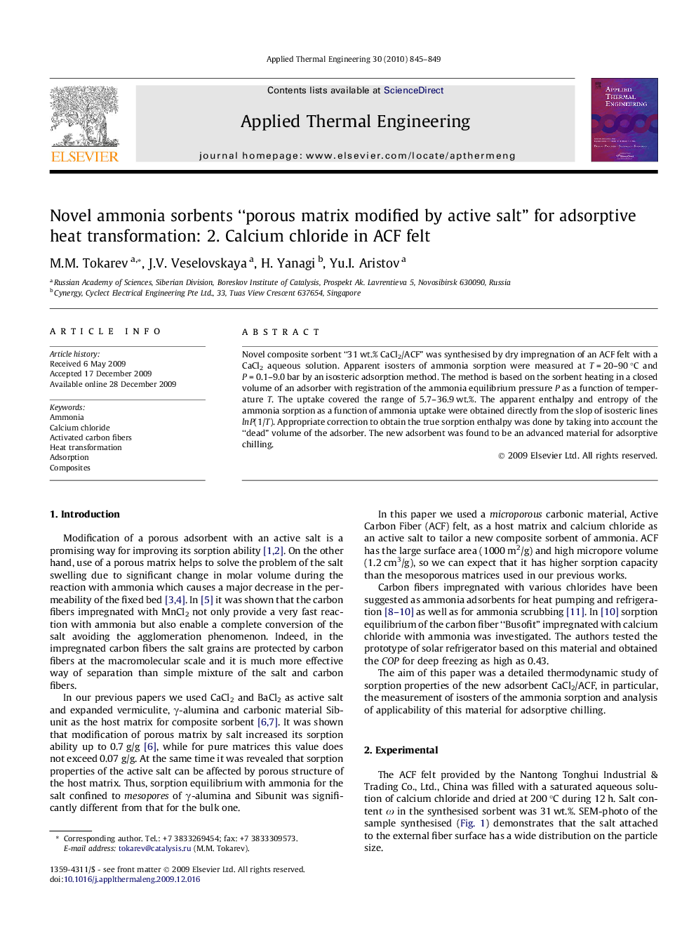 Novel ammonia sorbents “porous matrix modified by active salt” for adsorptive heat transformation: 2. Calcium chloride in ACF felt