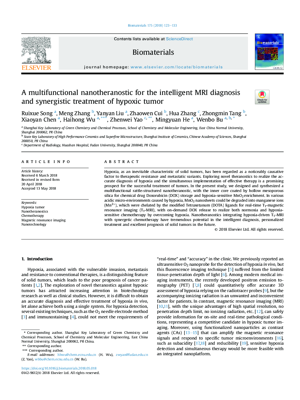 A multifunctional nanotheranostic for the intelligent MRI diagnosis and synergistic treatment of hypoxic tumor