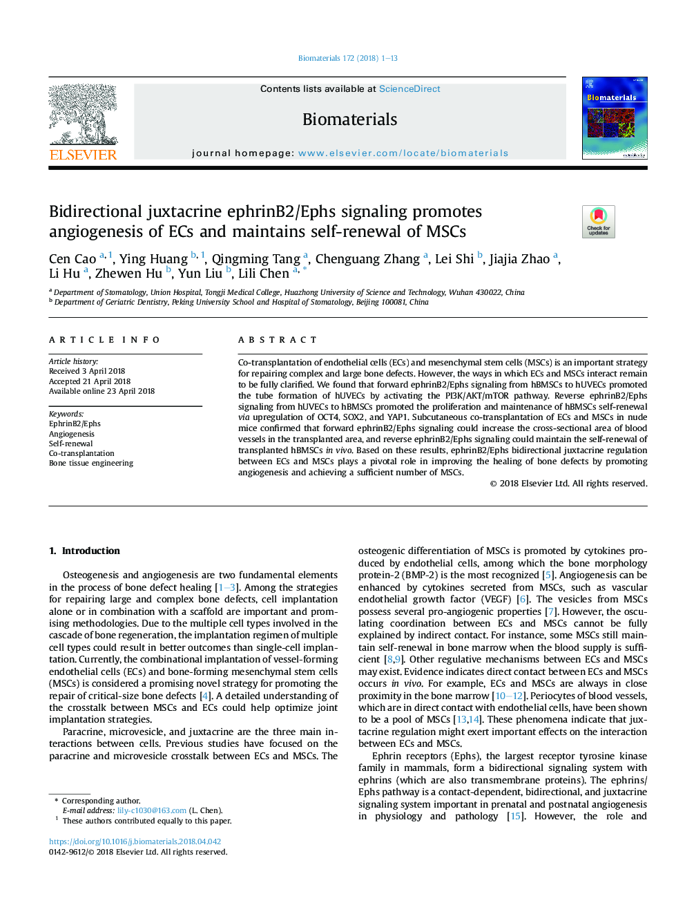 Bidirectional juxtacrine ephrinB2/Ephs signaling promotes angiogenesis of ECs and maintains self-renewal of MSCs