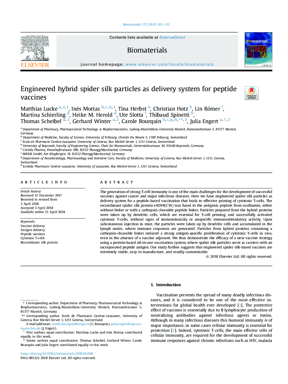 Engineered hybrid spider silk particles as delivery system for peptide vaccines