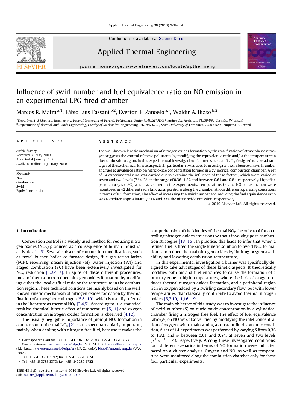 Influence of swirl number and fuel equivalence ratio on NO emission in an experimental LPG-fired chamber