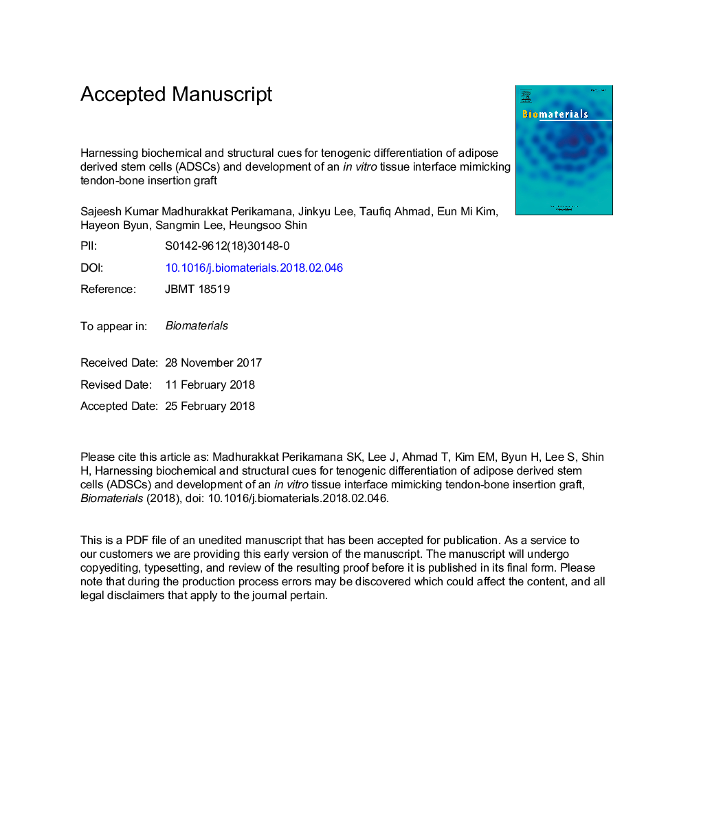 Harnessing biochemical and structural cues for tenogenic differentiation of adipose derived stem cells (ADSCs) and development of an inÂ vitro tissue interface mimicking tendon-bone insertion graft