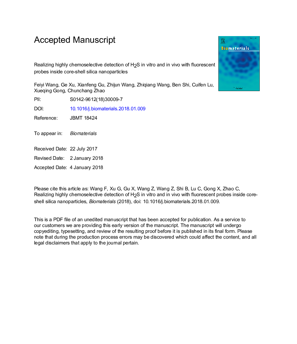 Realizing highly chemoselective detection of H2S inÂ vitro and inÂ vivo with fluorescent probes inside core-shell silica nanoparticles