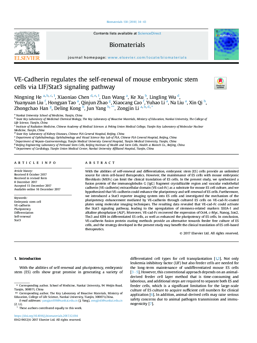 VE-Cadherin regulates the self-renewal of mouse embryonic stem cells via LIF/Stat3 signaling pathway