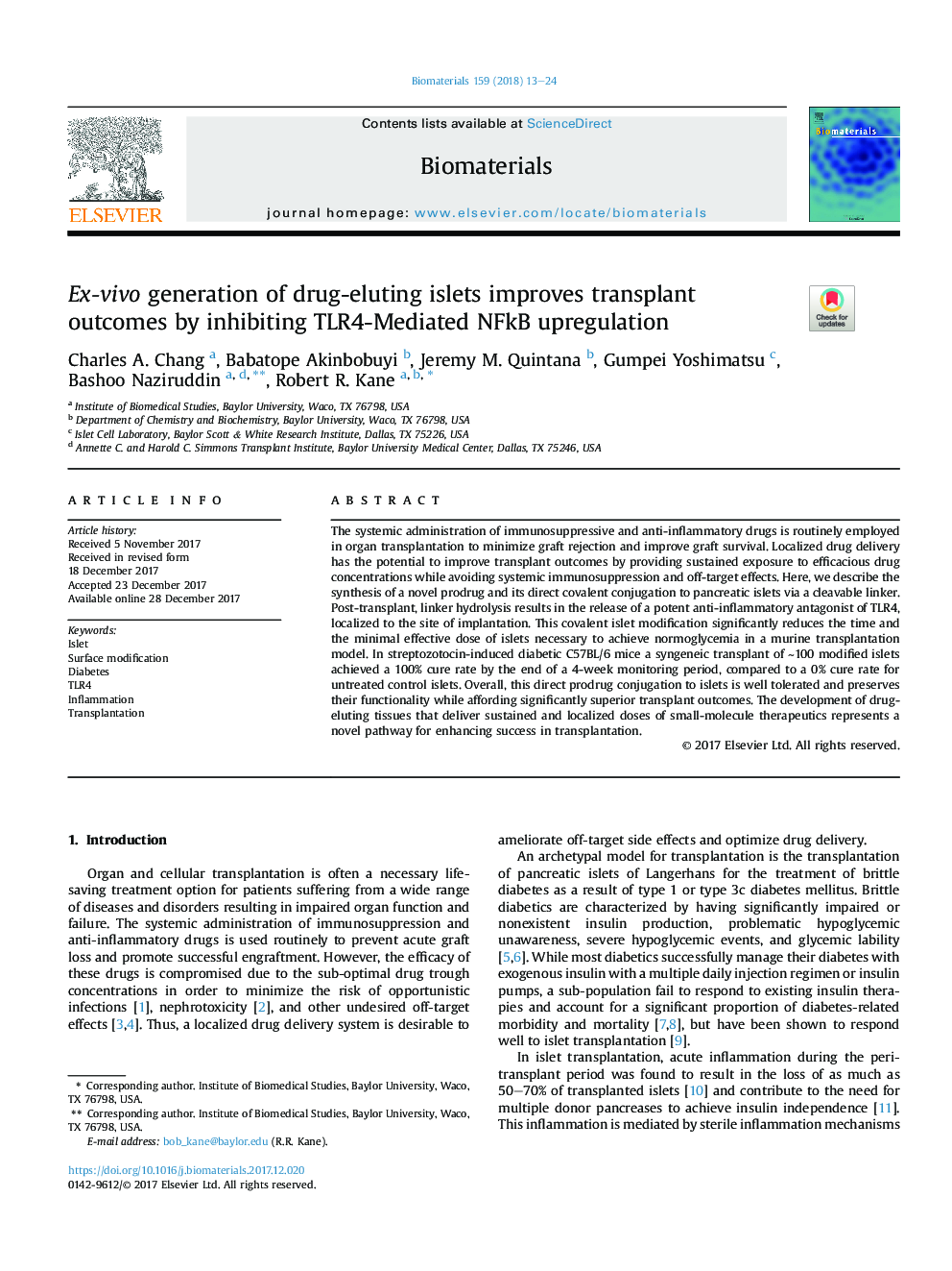 Ex-vivo generation of drug-eluting islets improves transplant outcomes by inhibiting TLR4-Mediated NFkB upregulation