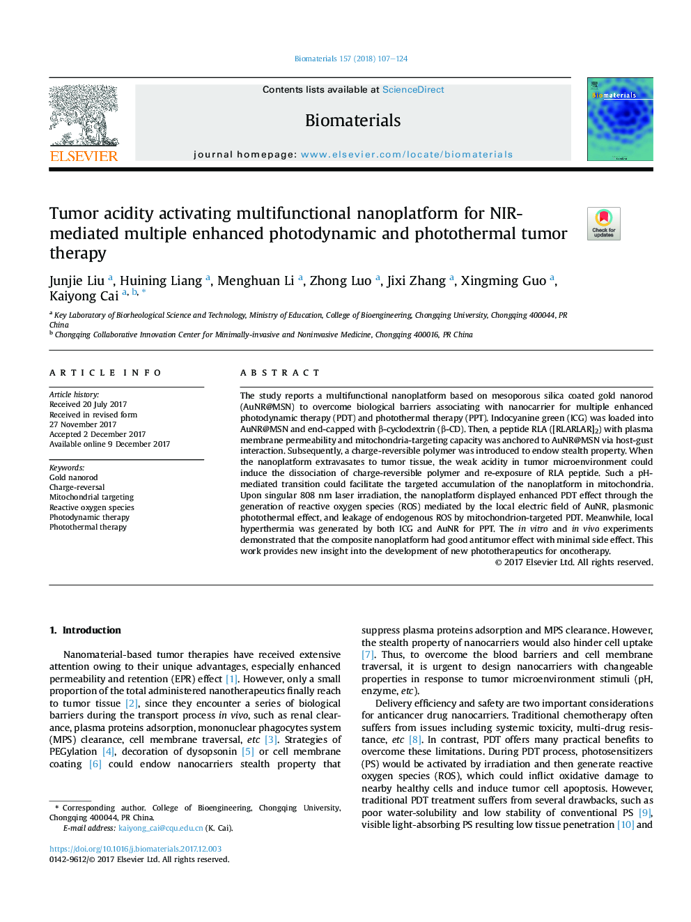 Tumor acidity activating multifunctional nanoplatform for NIR-mediated multiple enhanced photodynamic and photothermal tumor therapy