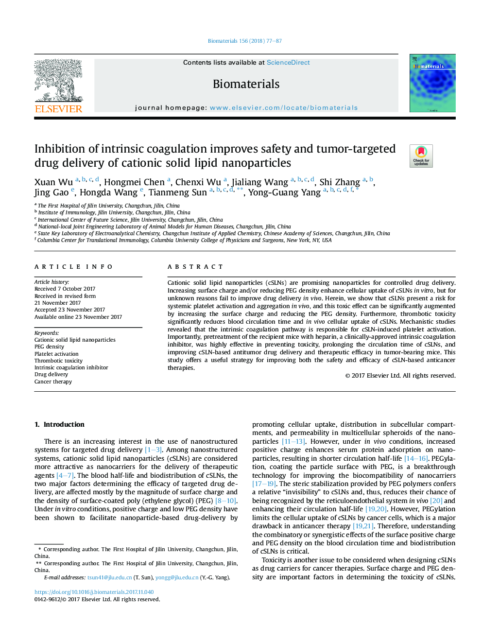 Inhibition of intrinsic coagulation improves safety and tumor-targeted drug delivery of cationic solid lipid nanoparticles