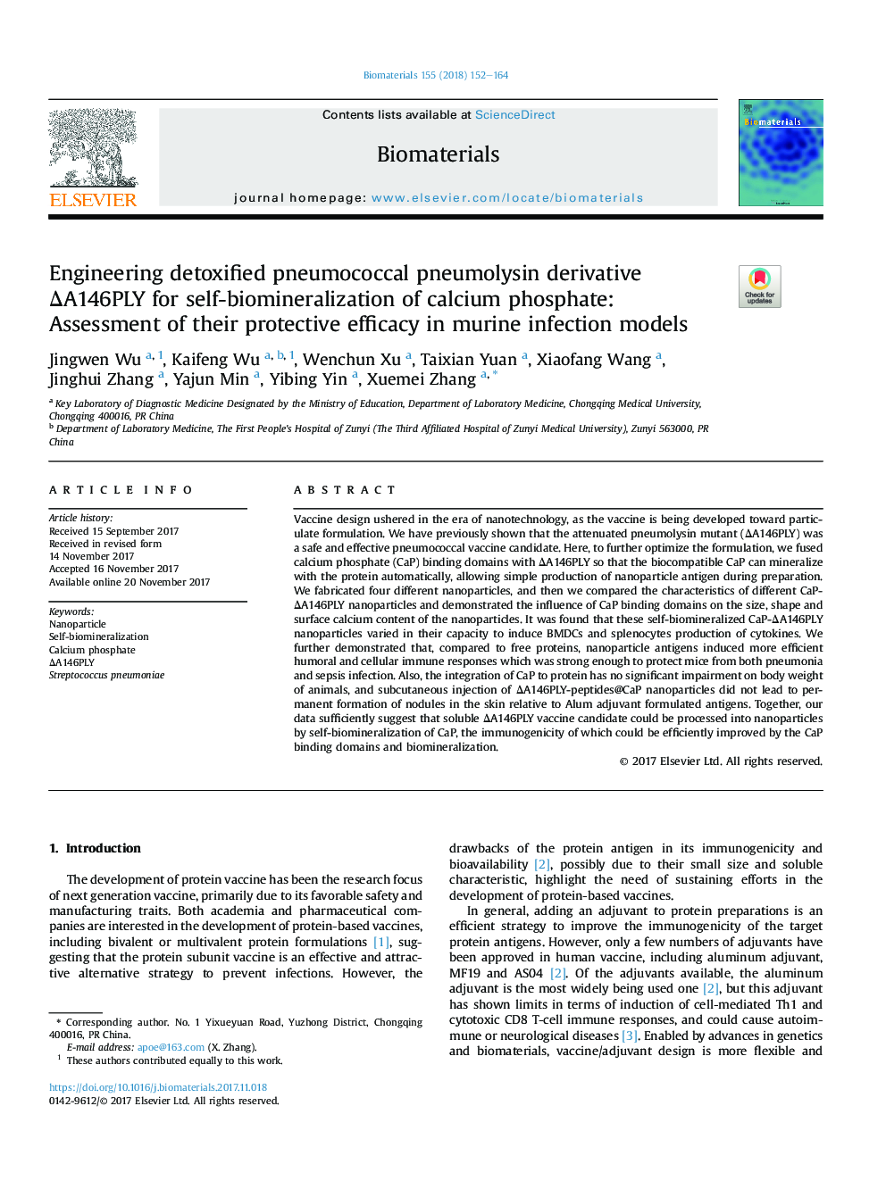 Engineering detoxified pneumococcal pneumolysin derivative ÎA146PLY for self-biomineralization of calcium phosphate: Assessment of their protective efficacy in murine infection models