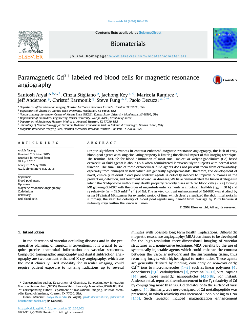 Paramagnetic Gd3+ labeled red blood cells for magnetic resonance angiography