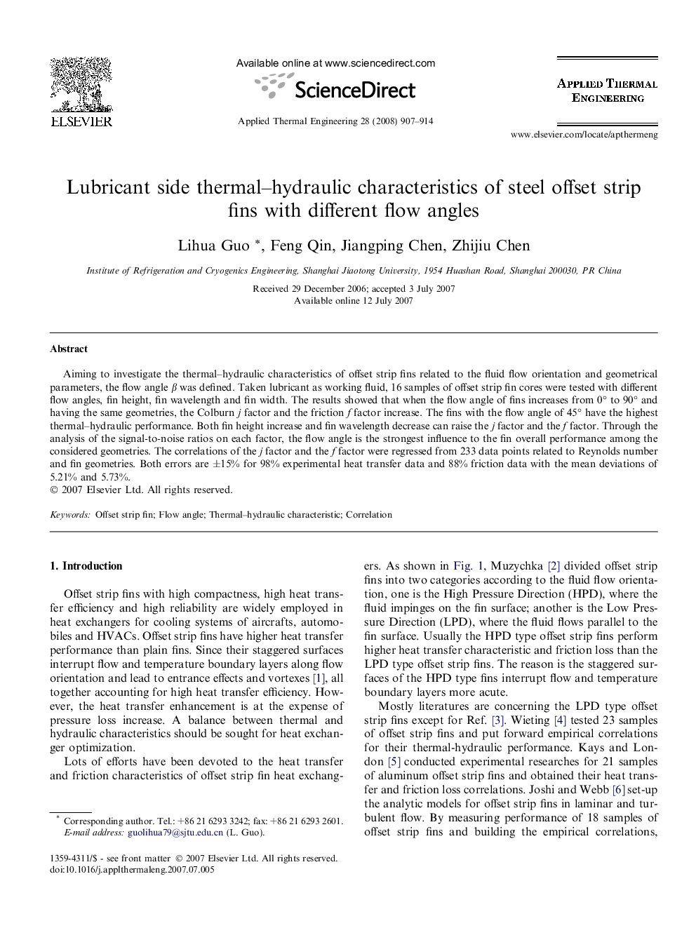 Lubricant side thermal–hydraulic characteristics of steel offset strip fins with different flow angles