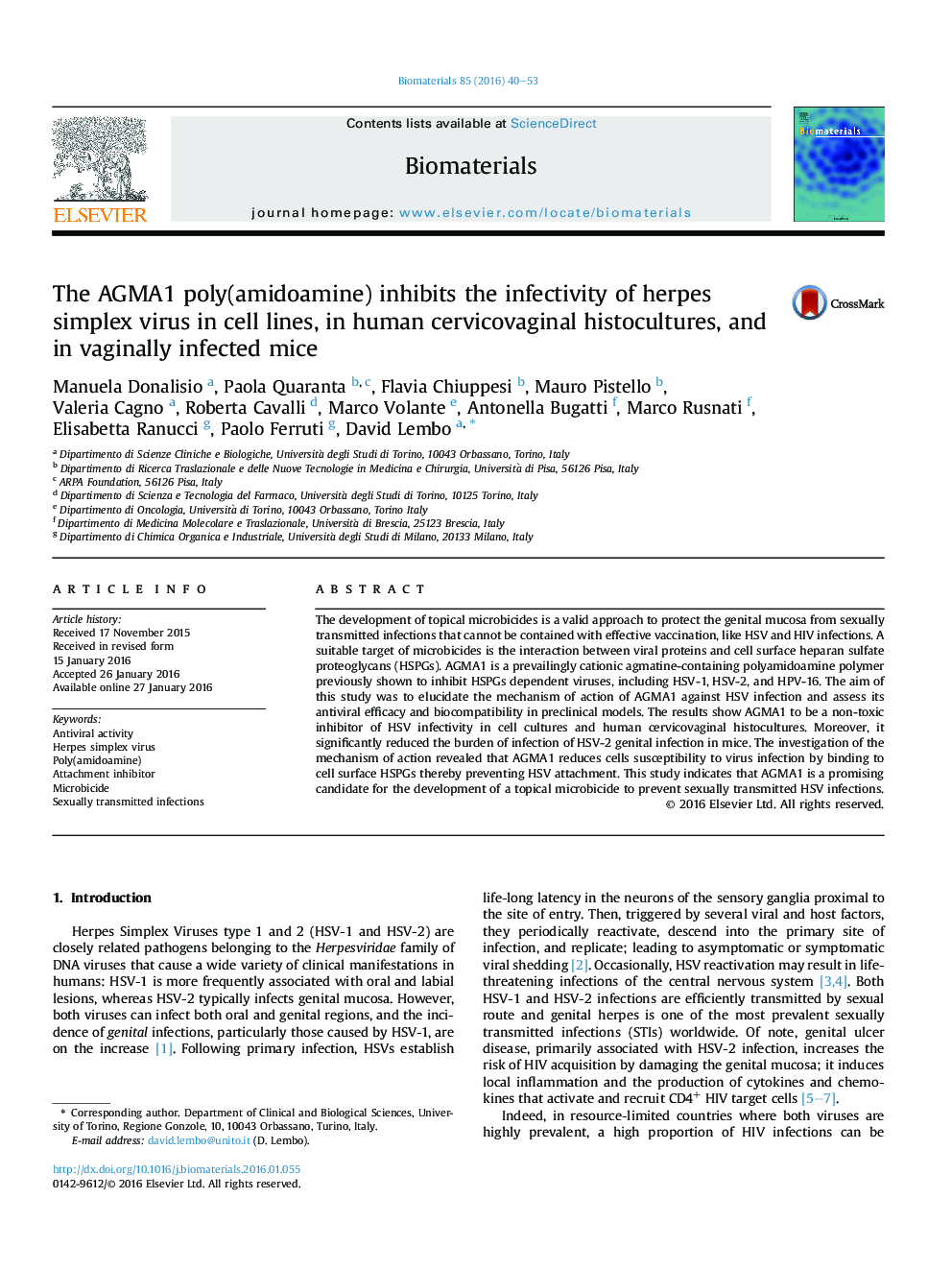 The AGMA1 poly(amidoamine) inhibits the infectivity of herpes simplex virus in cell lines, in human cervicovaginal histocultures, and in vaginally infected mice