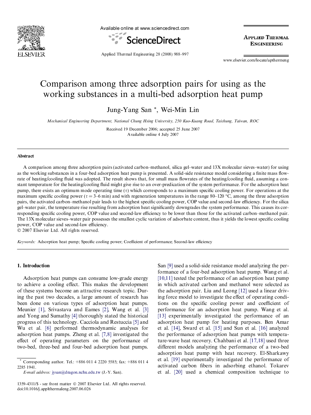 Comparison among three adsorption pairs for using as the working substances in a multi-bed adsorption heat pump