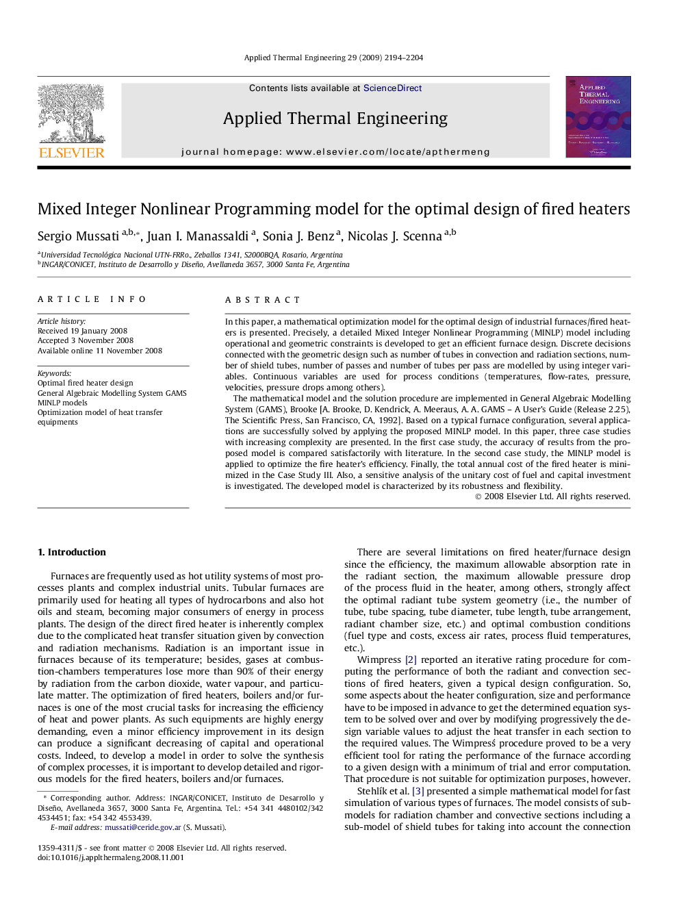 Mixed Integer Nonlinear Programming model for the optimal design of fired heaters
