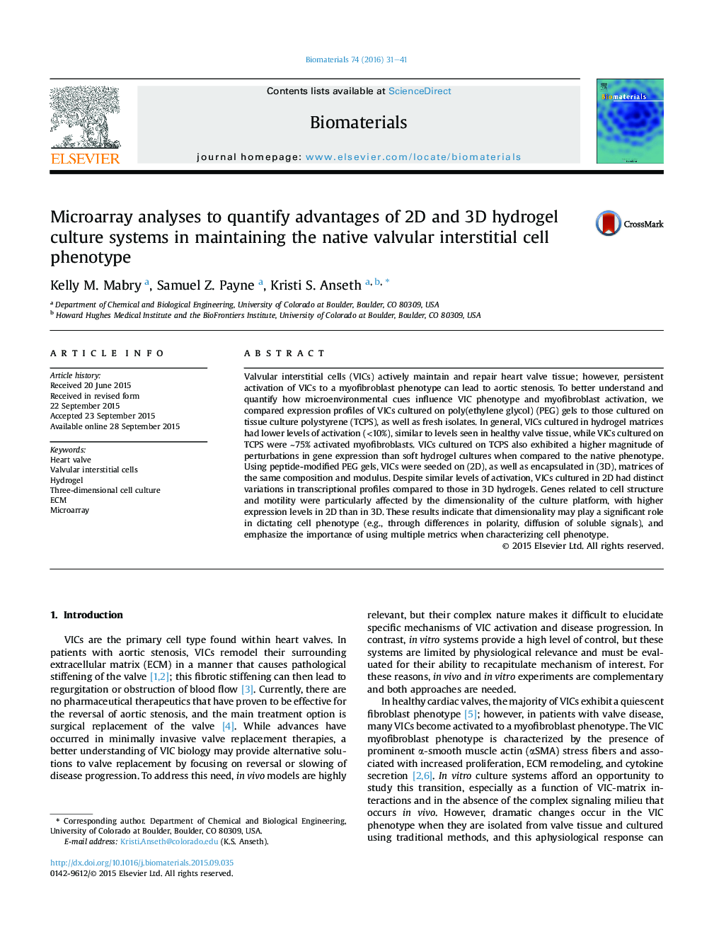 Microarray analyses to quantify advantages of 2D and 3D hydrogel culture systems in maintaining the native valvular interstitial cell phenotype