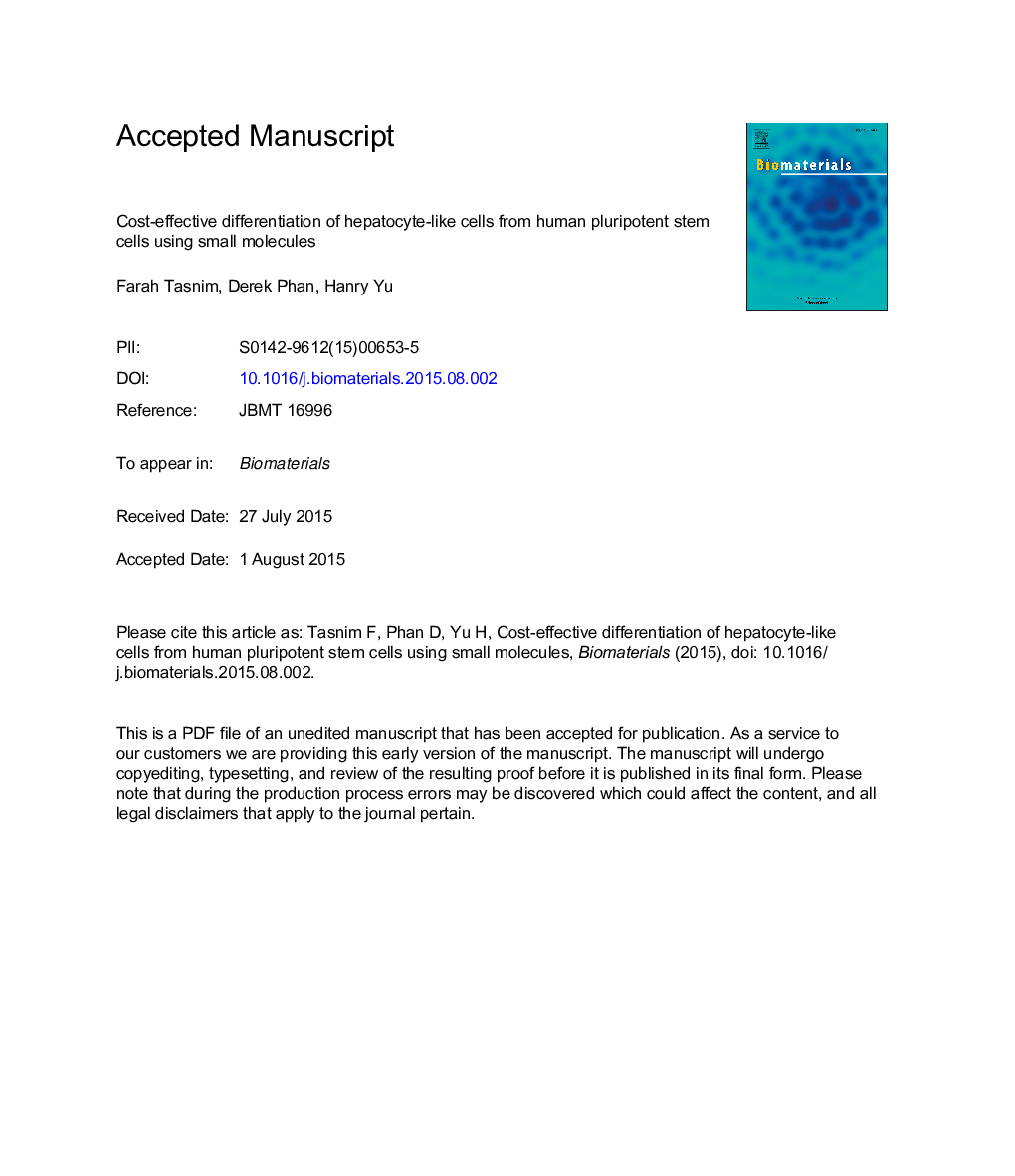 Cost-effective differentiation of hepatocyte-like cells from human pluripotent stem cells using small molecules