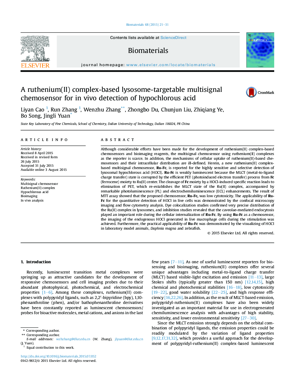 A ruthenium(II) complex-based lysosome-targetable multisignal chemosensor for inÂ vivo detection of hypochlorous acid