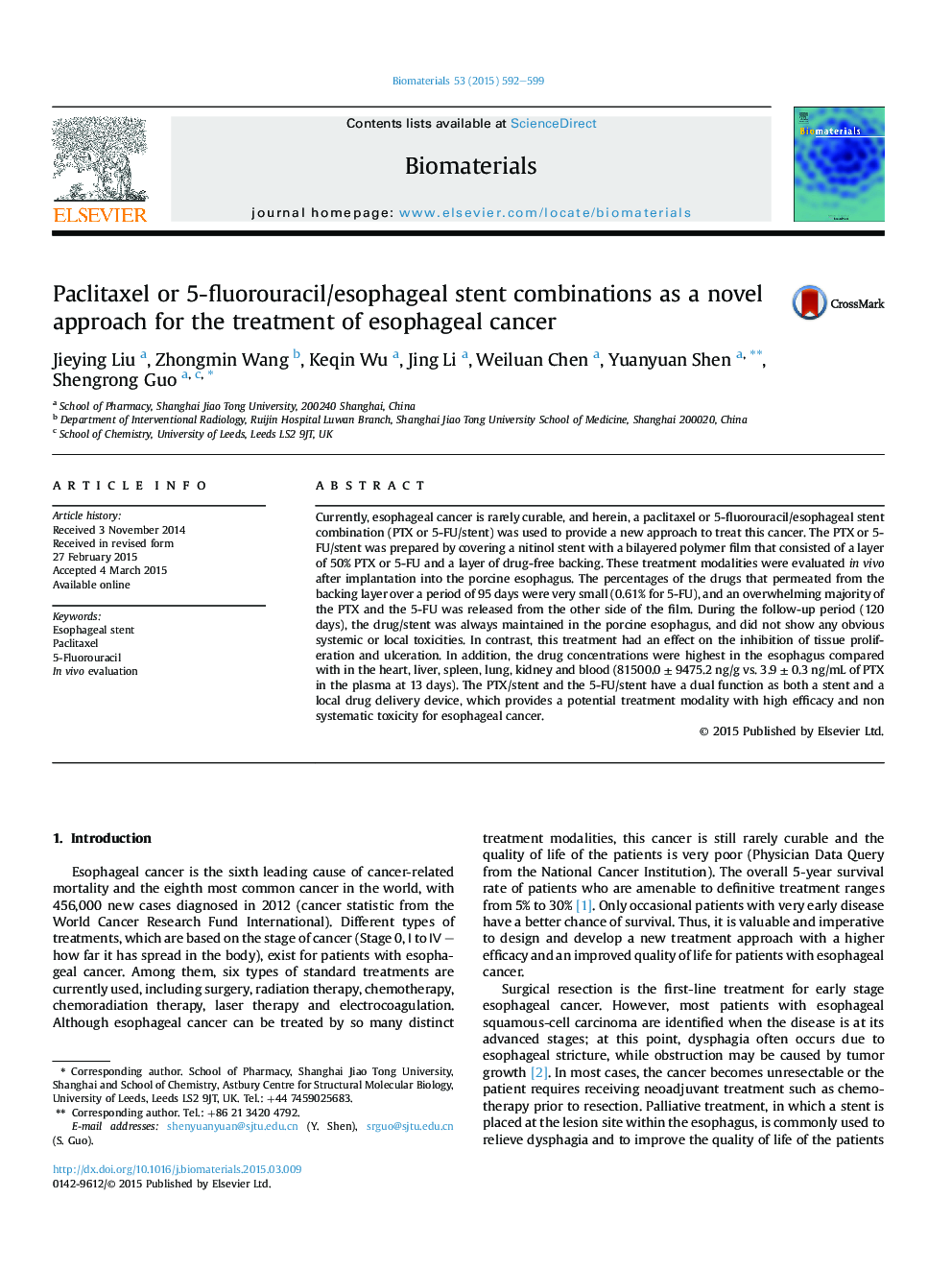 Paclitaxel or 5-fluorouracil/esophageal stent combinations as a novel approach for the treatment of esophageal cancer