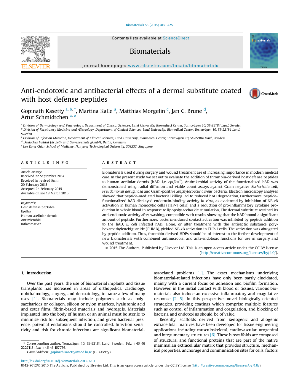 Anti-endotoxic and antibacterial effects of a dermal substitute coated with host defense peptides