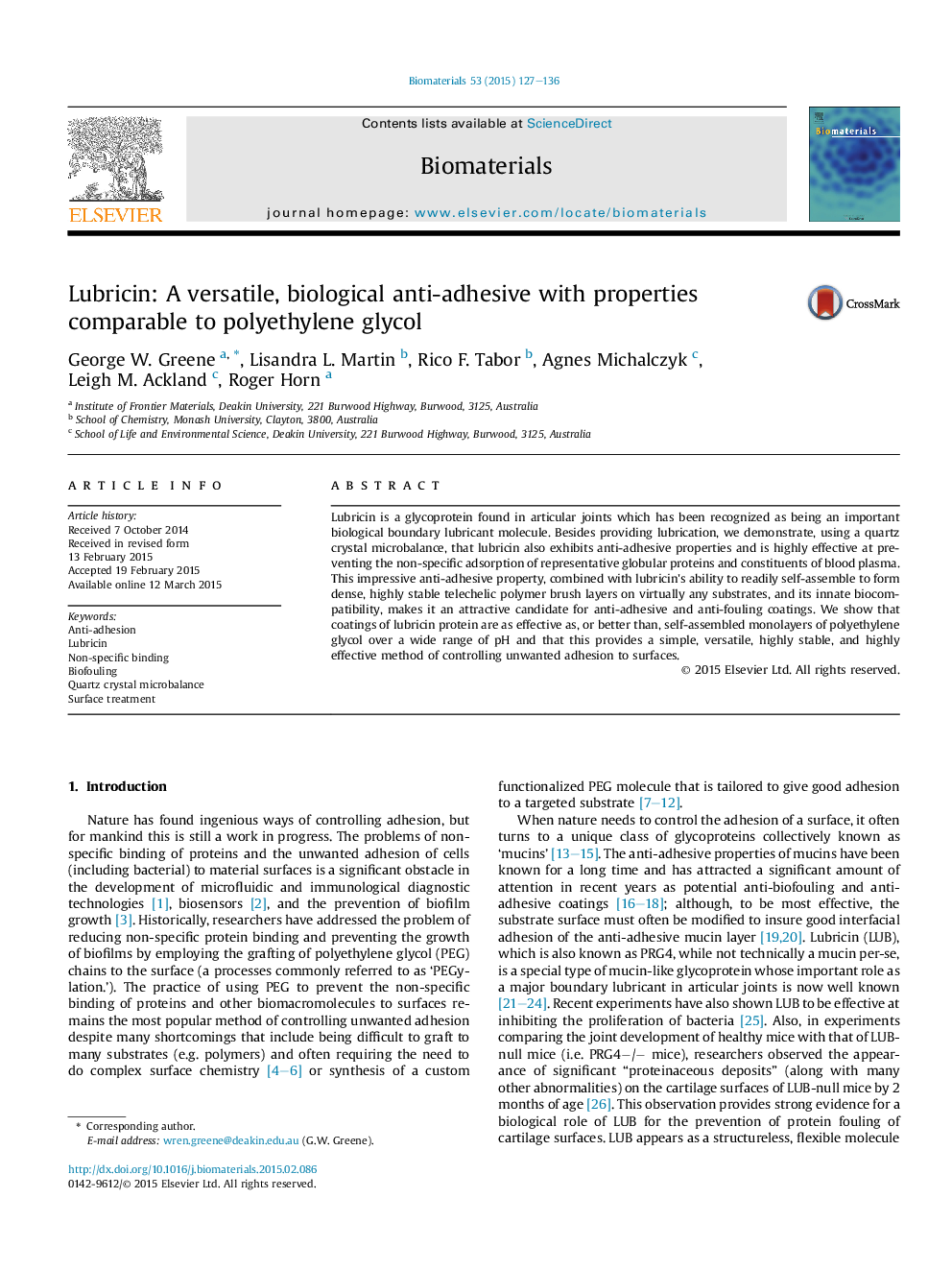 Lubricin: A versatile, biological anti-adhesive with properties comparable to polyethylene glycol