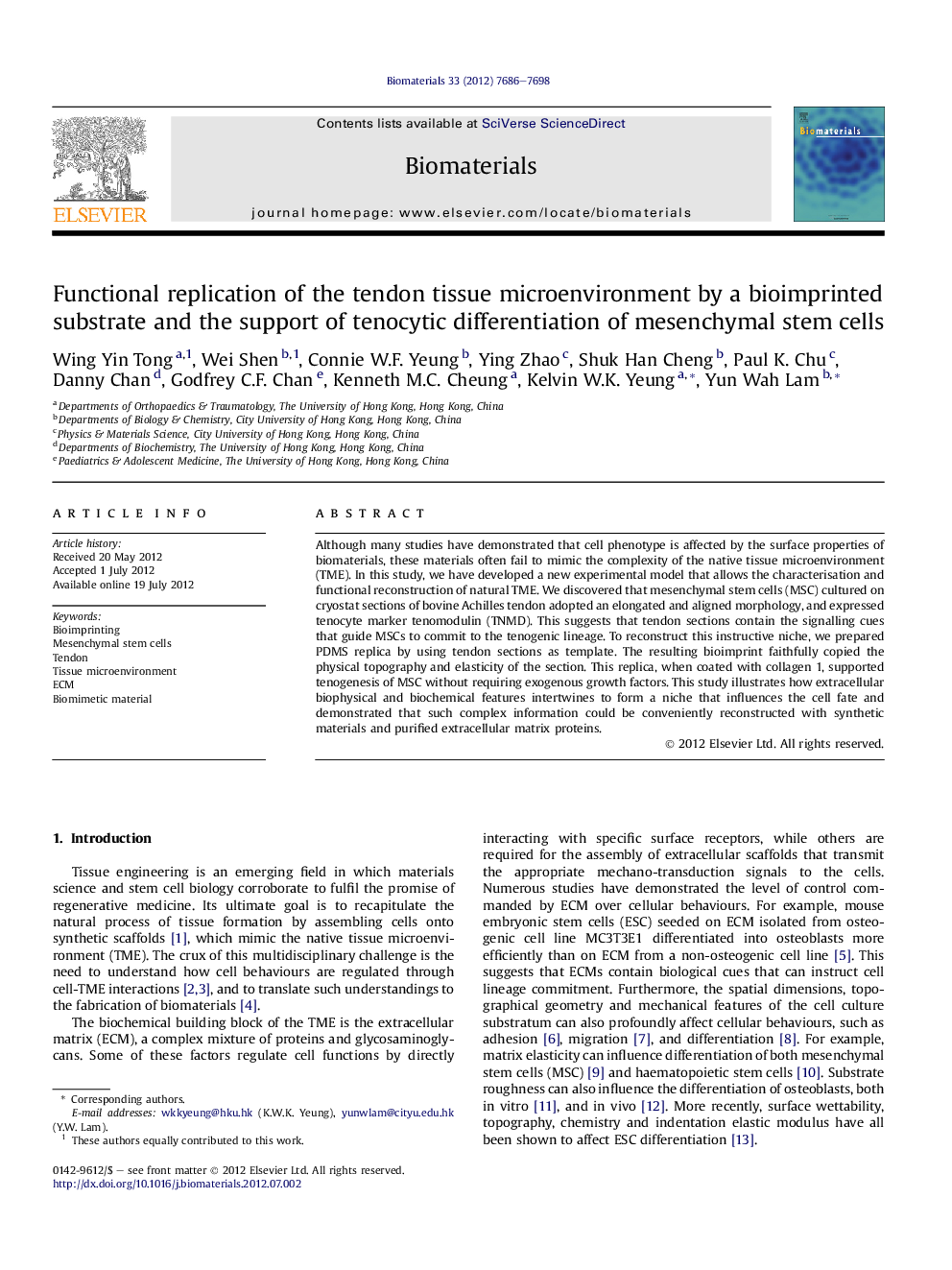 Functional replication of the tendon tissue microenvironment by a bioimprinted substrate and the support of tenocytic differentiation of mesenchymal stem cells