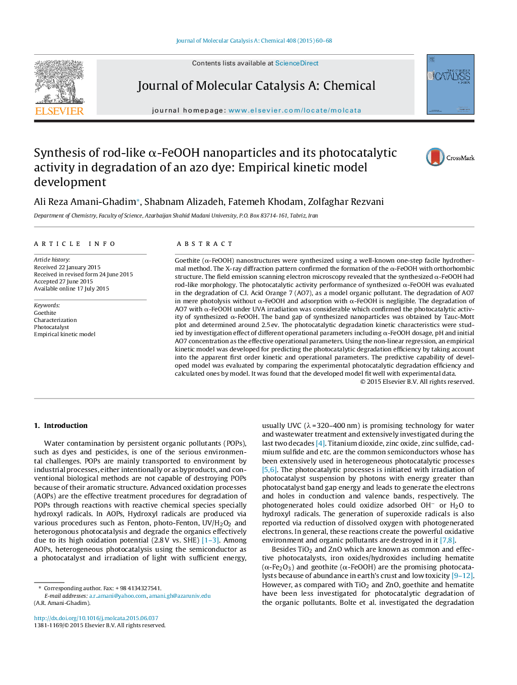 عکس صفحه اول مقاله: Synthesis of rod-like α-FeOOH nanoparticles and its photocatalytic activity in degradation of an azo dye: Empirical kinetic model development Synthesis of rod-like α-FeOOH nanoparticles and its photocatalytic activity in degradation of an azo dye: Empirical kinetic model development