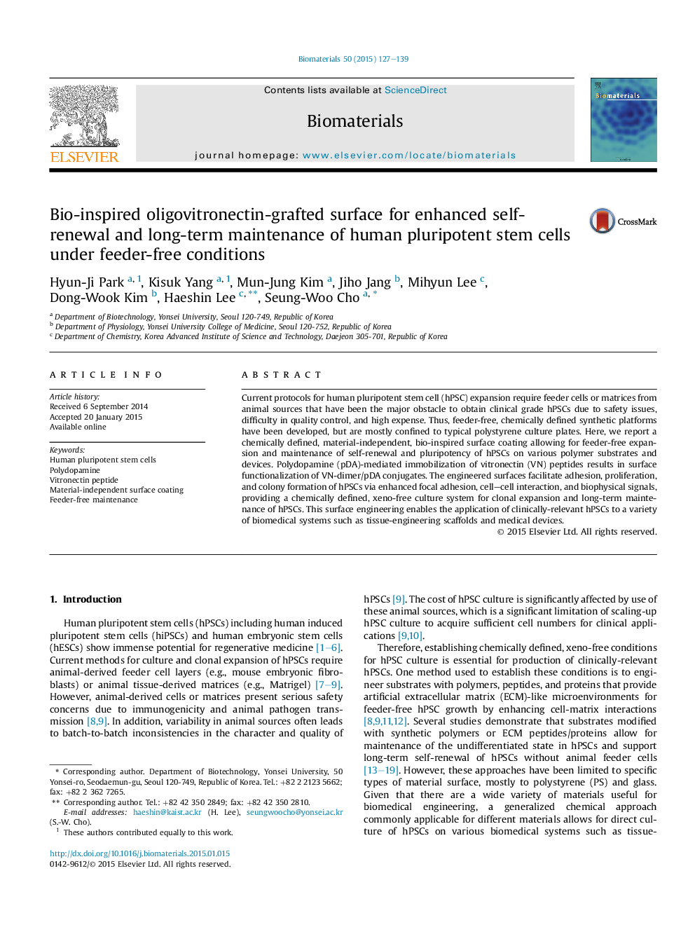 Bio-inspired oligovitronectin-grafted surface for enhanced self-renewal and long-term maintenance of human pluripotent stem cells under feeder-free conditions