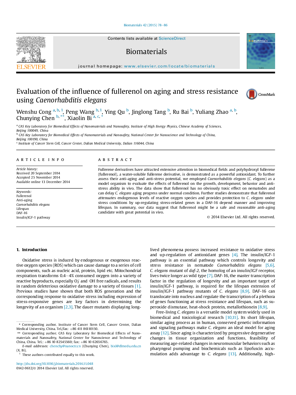 Evaluation of the influence of fullerenol on aging and stress resistance using Caenorhabditis elegans