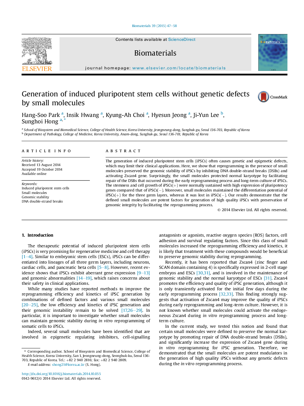 Generation of induced pluripotent stem cells without genetic defects by small molecules