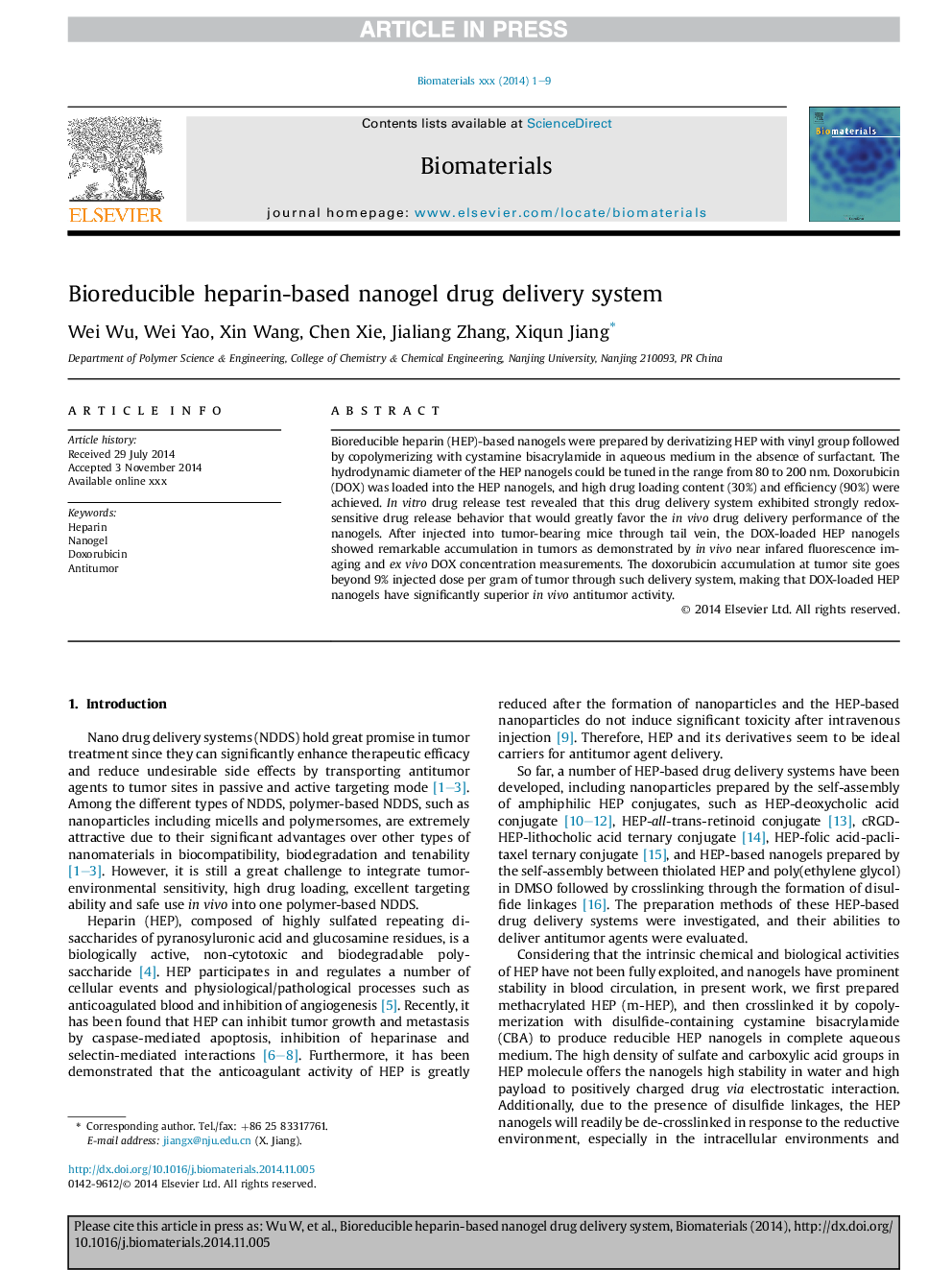 Bioreducible heparin-based nanogel drug delivery system