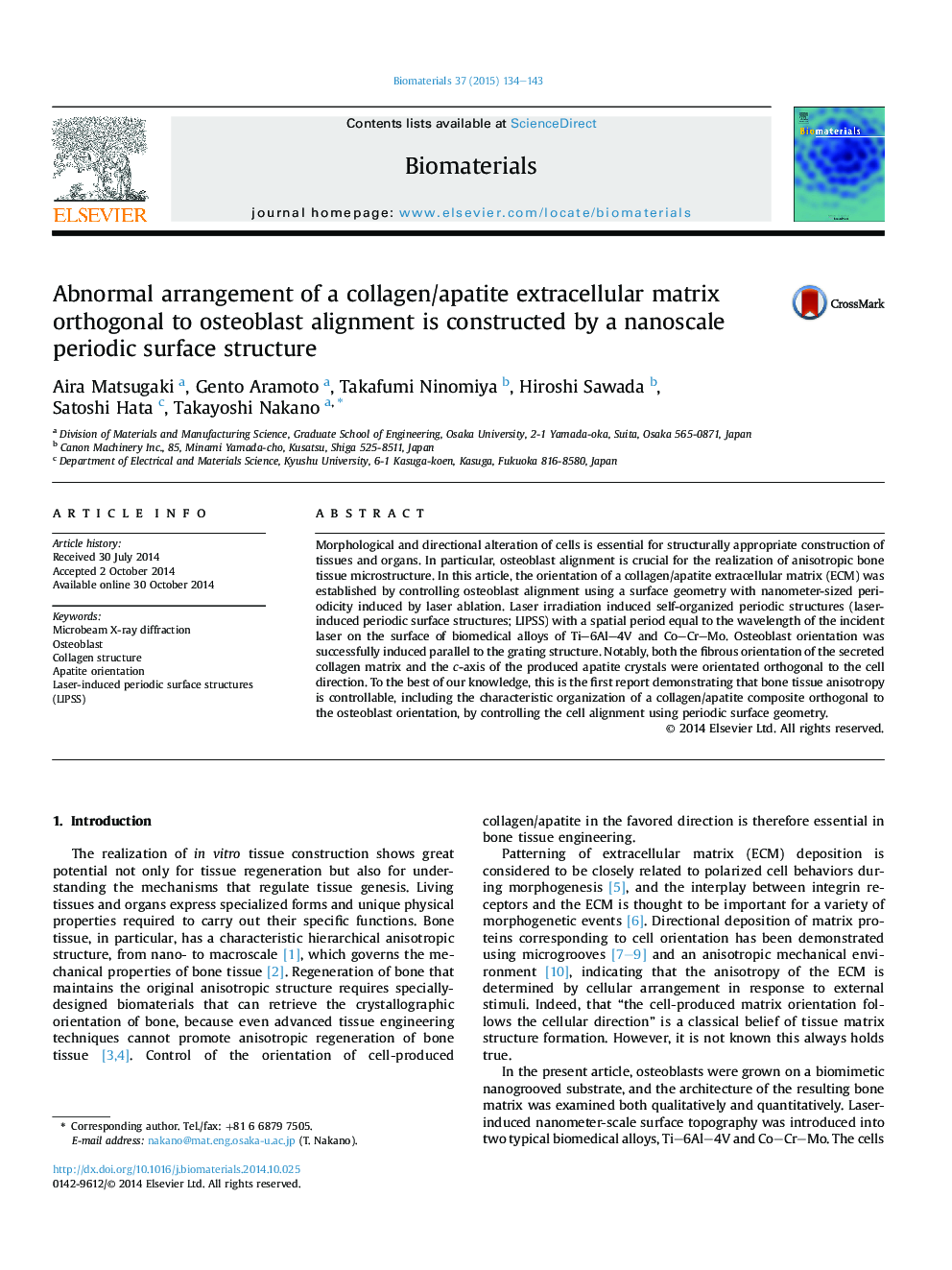 Abnormal arrangement of a collagen/apatite extracellular matrix orthogonal to osteoblast alignment is constructed by a nanoscale periodic surface structure