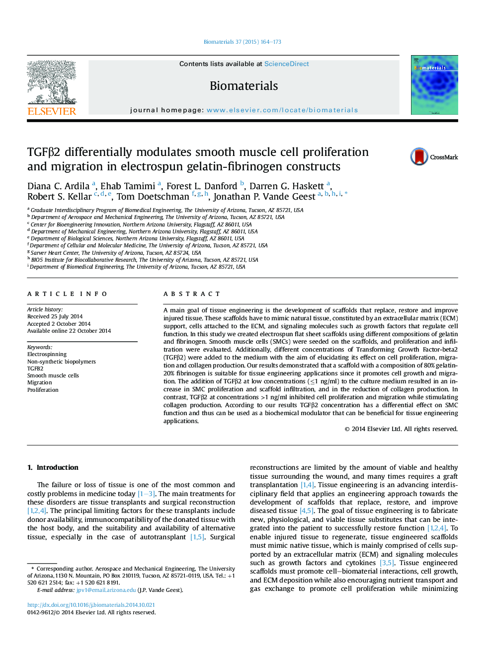 TGFÎ²2 differentially modulates smooth muscle cell proliferation andÂ migration in electrospun gelatin-fibrinogen constructs