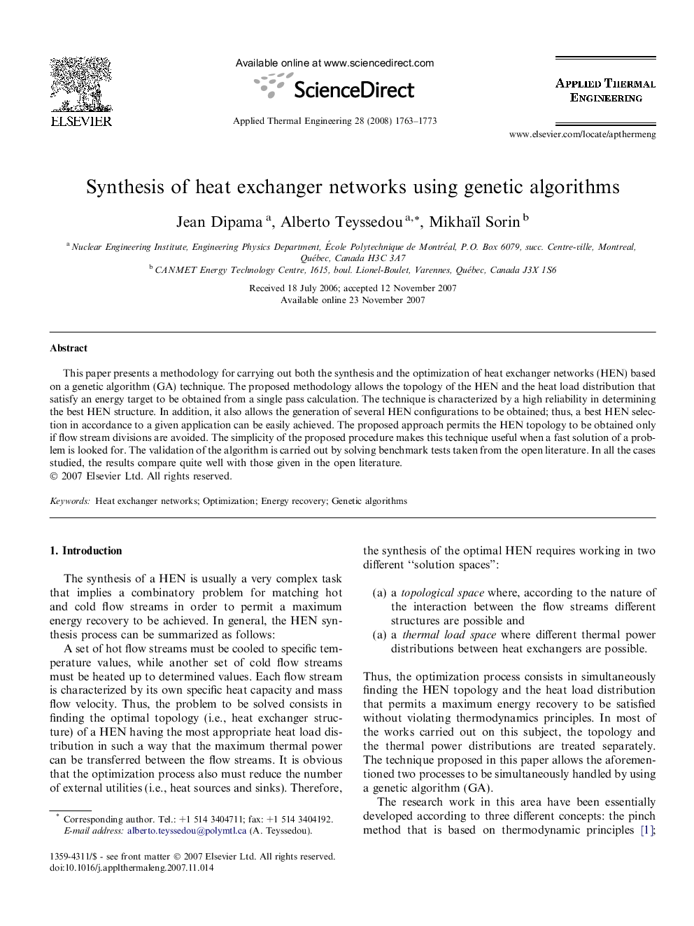 Synthesis of heat exchanger networks using genetic algorithms