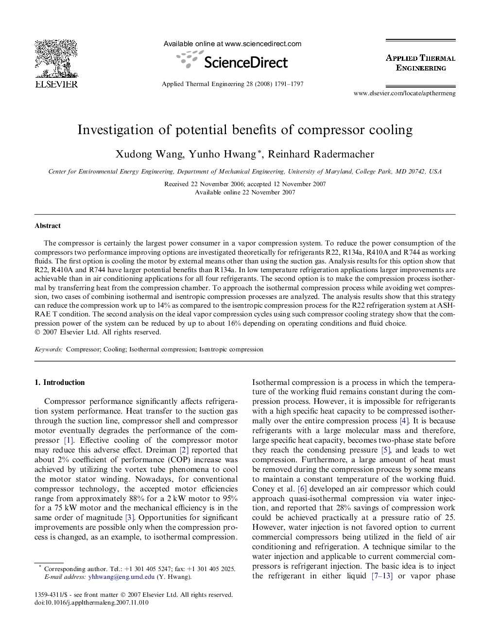 Investigation of potential benefits of compressor cooling