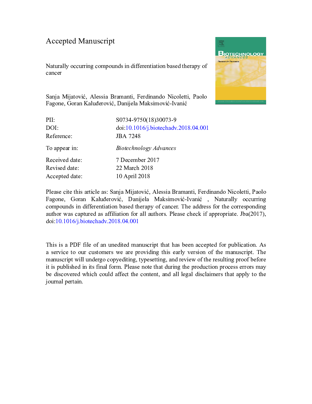 Naturally occurring compounds in differentiation based therapy of cancer