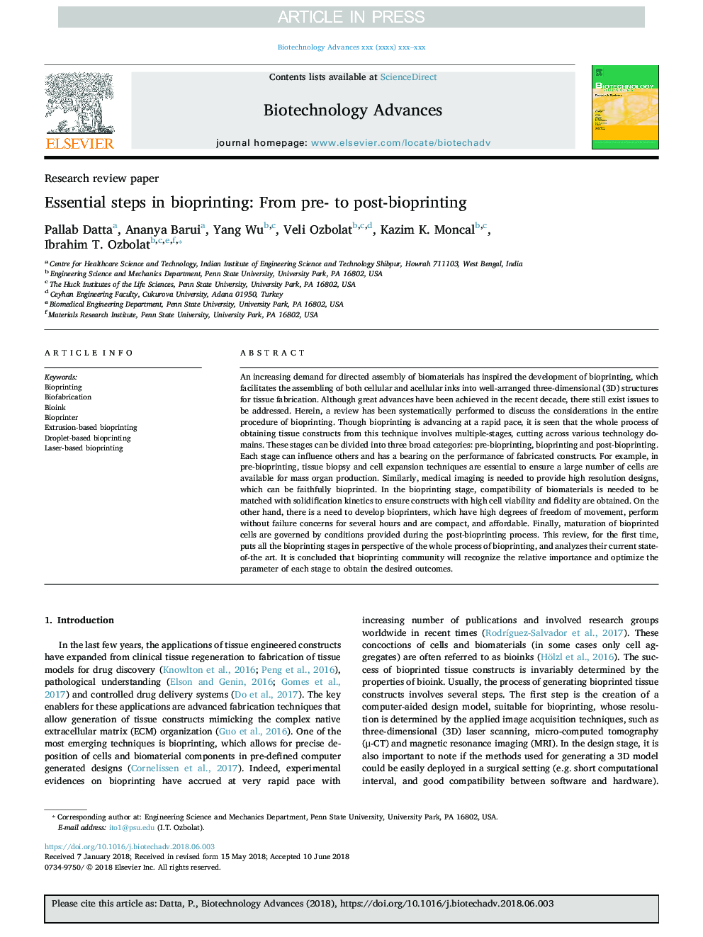 Essential steps in bioprinting: From pre- to post-bioprinting