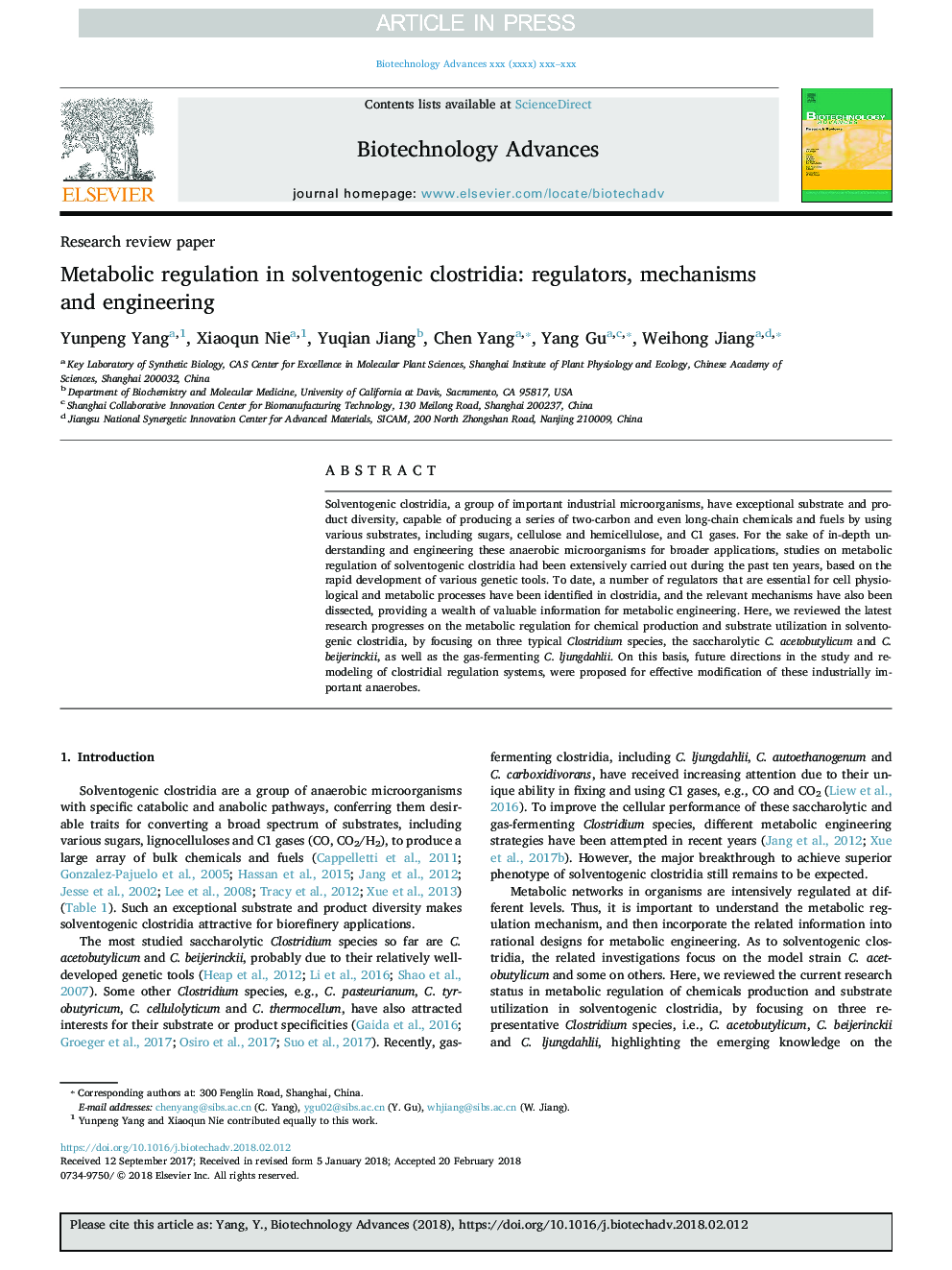 Metabolic regulation in solventogenic clostridia: regulators, mechanisms and engineering