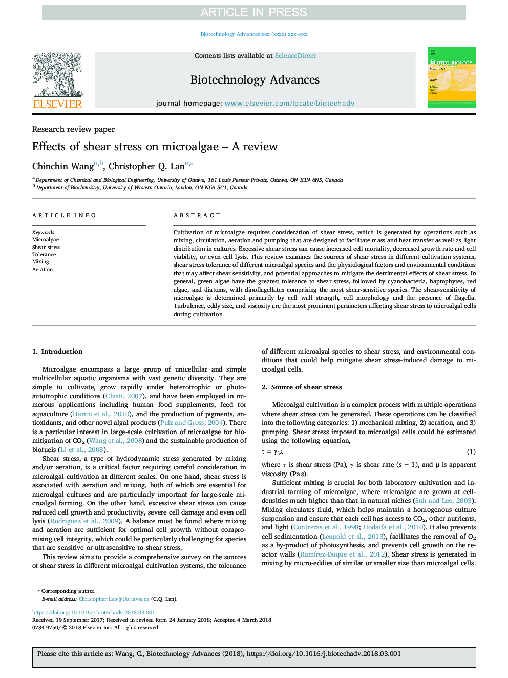 Effects of shear stress on microalgae - A review