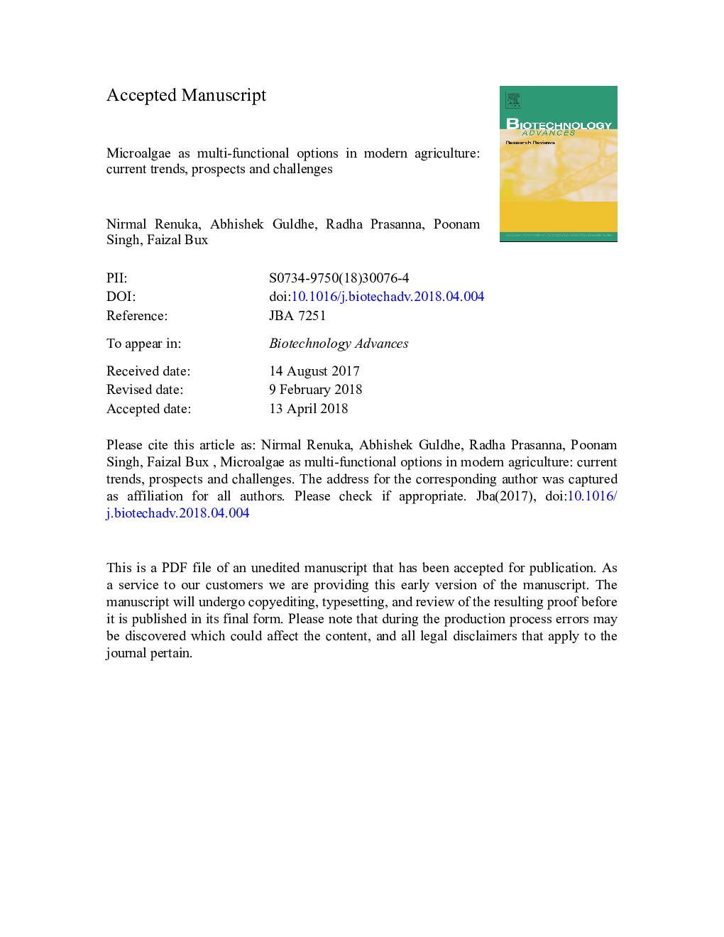 Microalgae as multi-functional options in modern agriculture: current trends, prospects and challenges