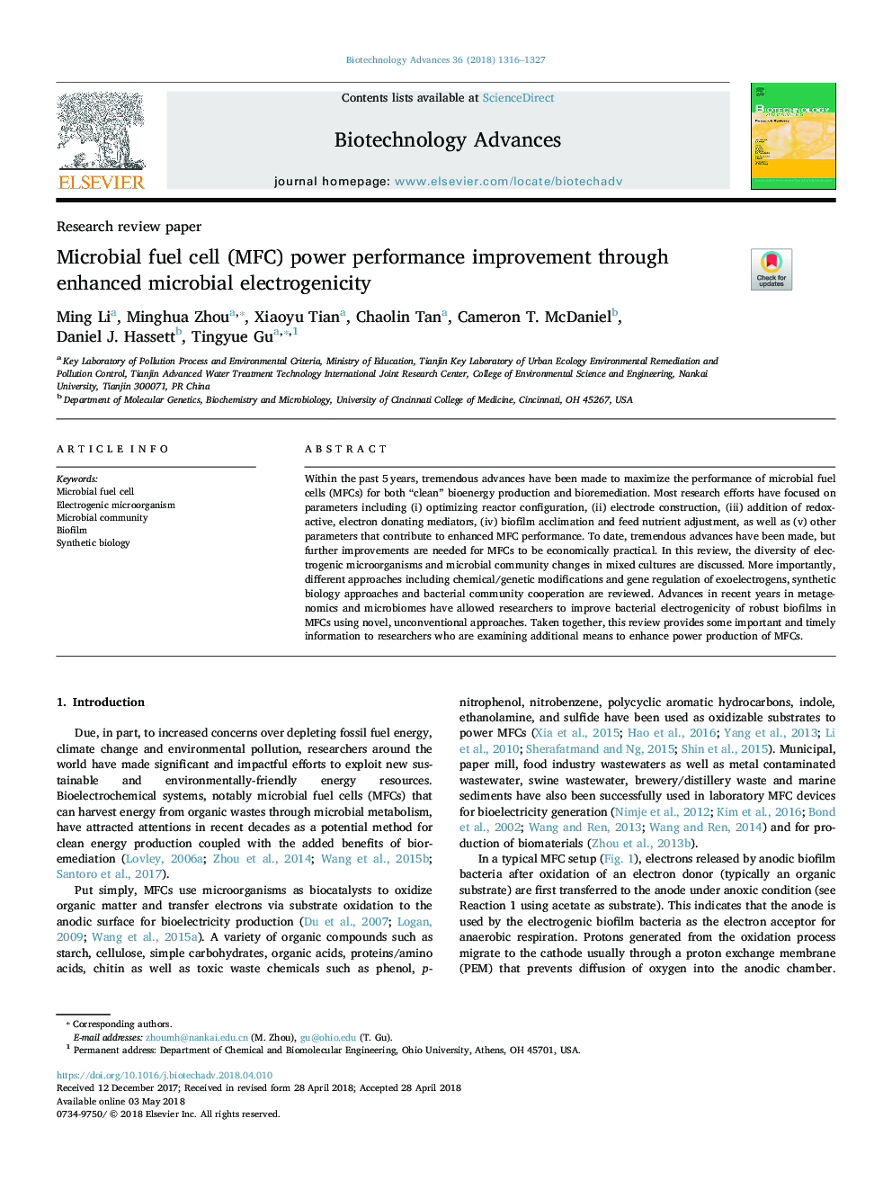 Microbial fuel cell (MFC) power performance improvement through enhanced microbial electrogenicity