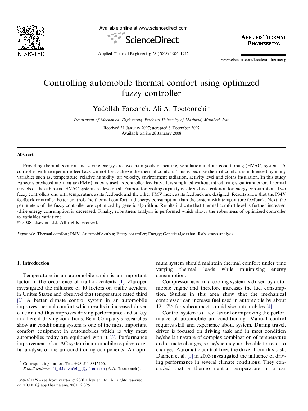Controlling automobile thermal comfort using optimized fuzzy controller
