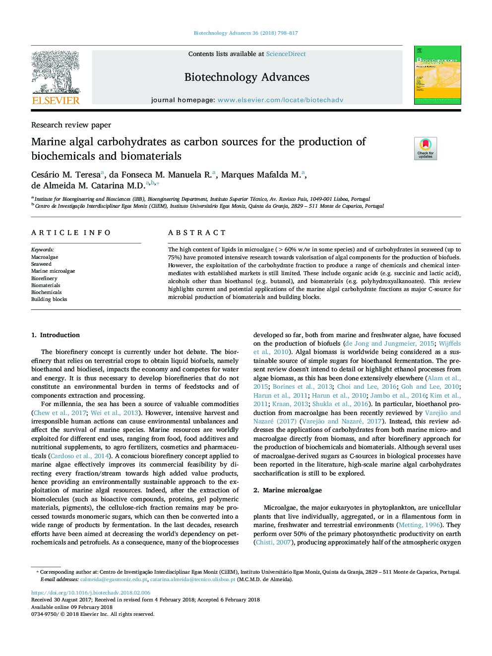 Marine algal carbohydrates as carbon sources for the production of biochemicals and biomaterials