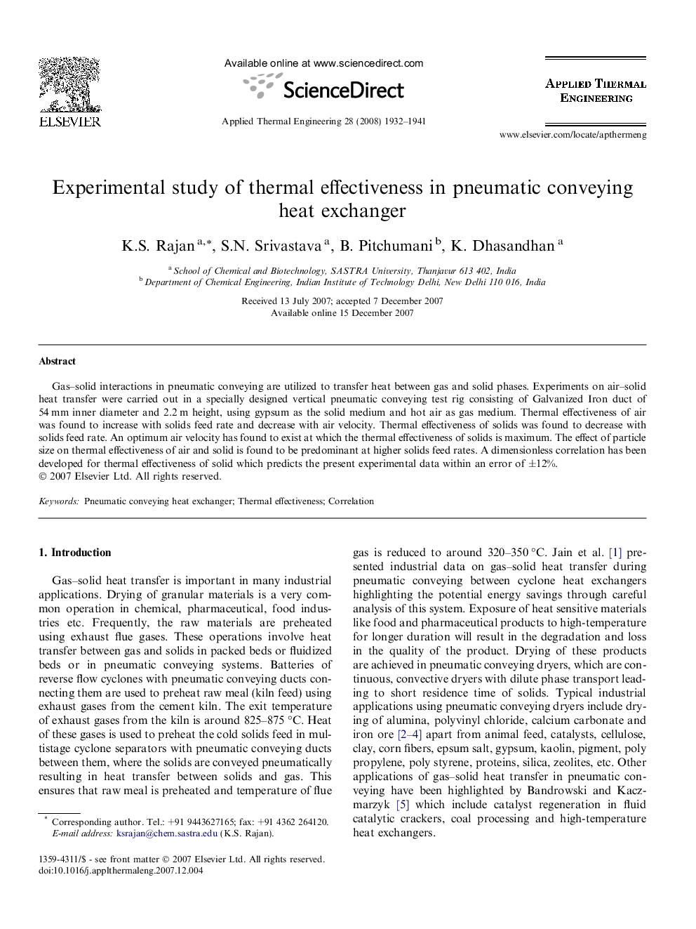 Experimental study of thermal effectiveness in pneumatic conveying heat exchanger