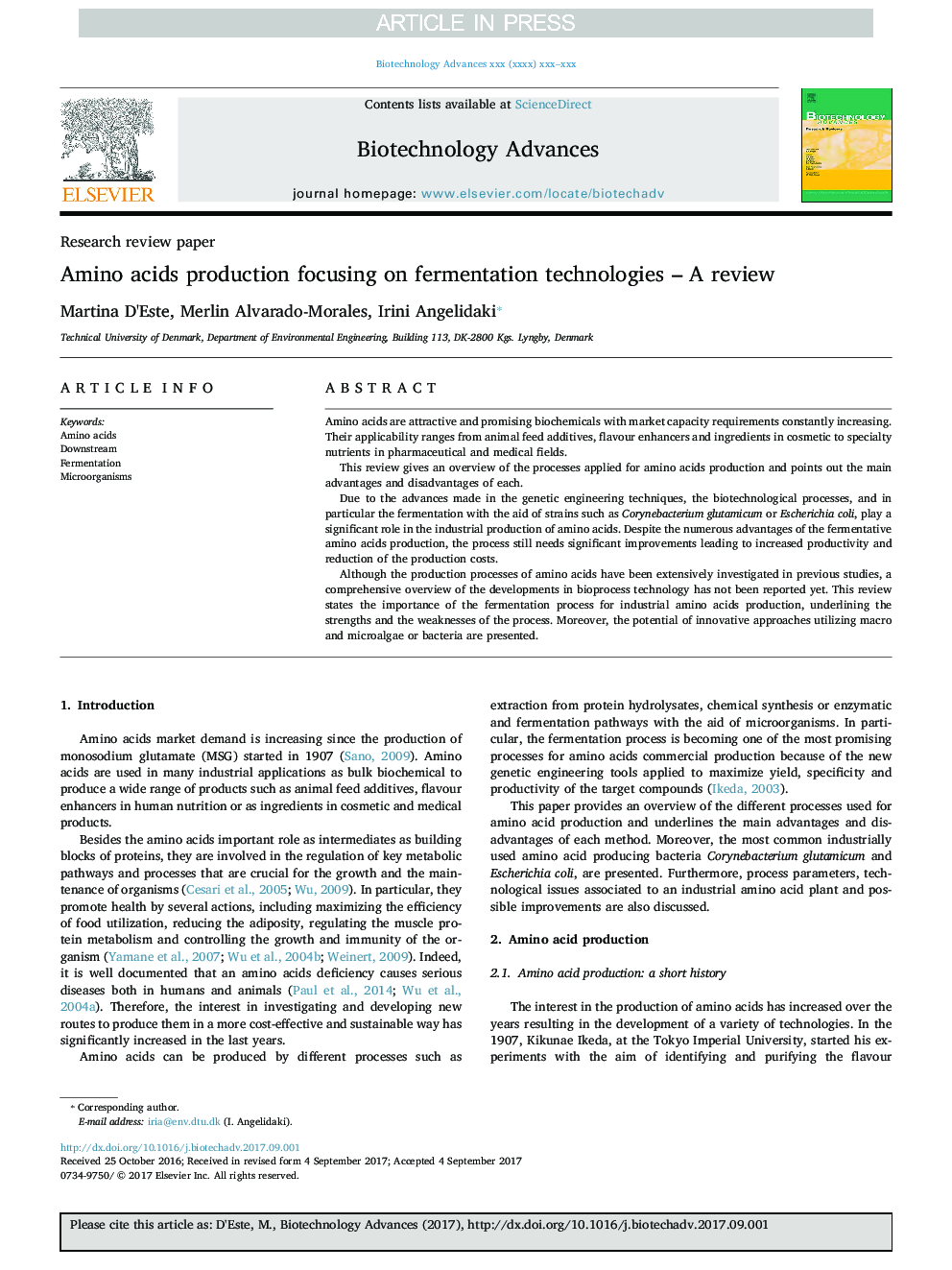 Amino acids production focusing on fermentation technologies - A review