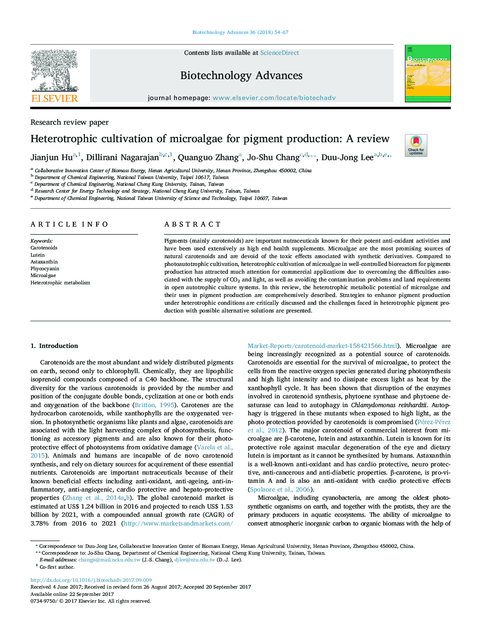 Heterotrophic cultivation of microalgae for pigment production: A review