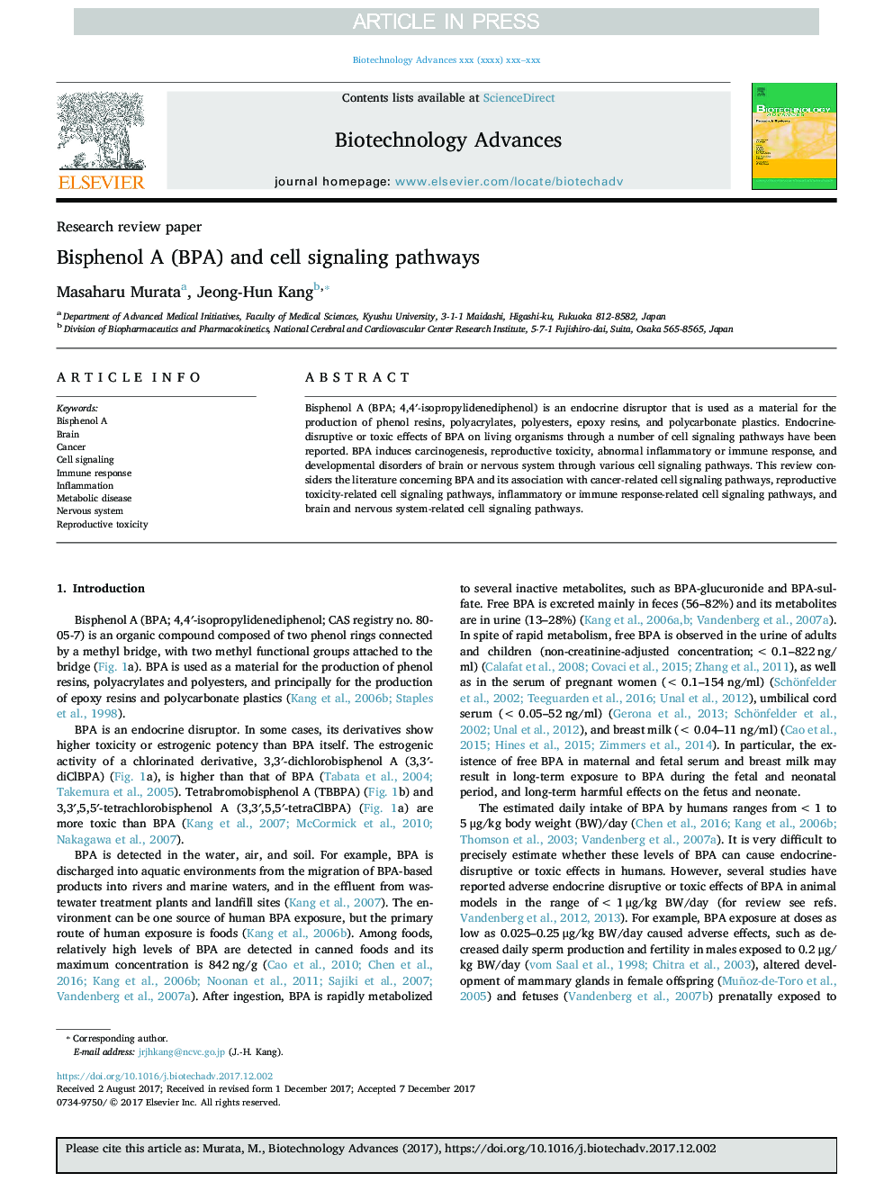 Bisphenol A (BPA) and cell signaling pathways