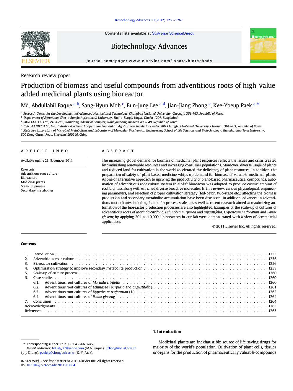 Production of biomass and useful compounds from adventitious roots of high-value added medicinal plants using bioreactor