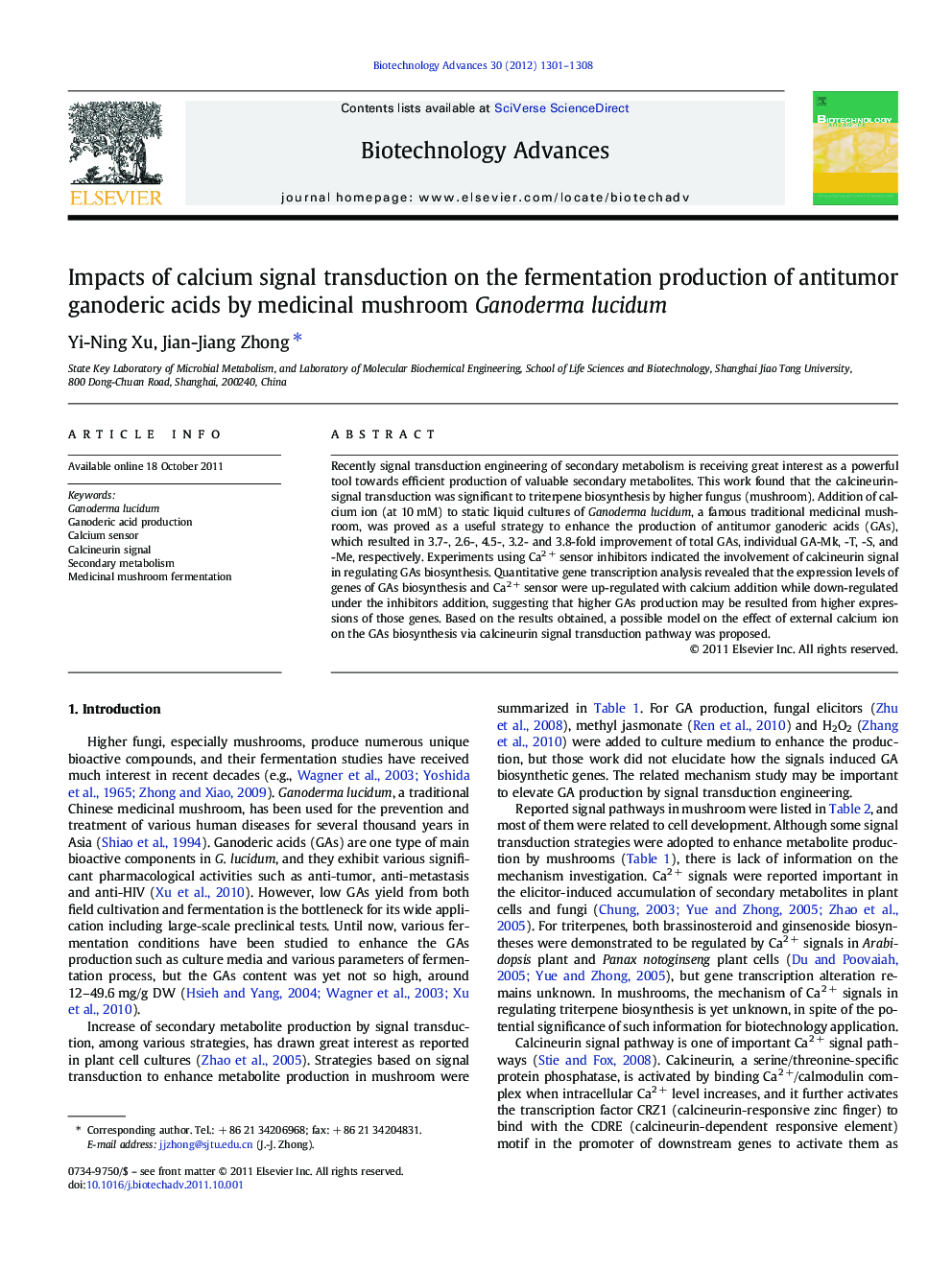 Impacts of calcium signal transduction on the fermentation production of antitumor ganoderic acids by medicinal mushroom Ganoderma lucidum