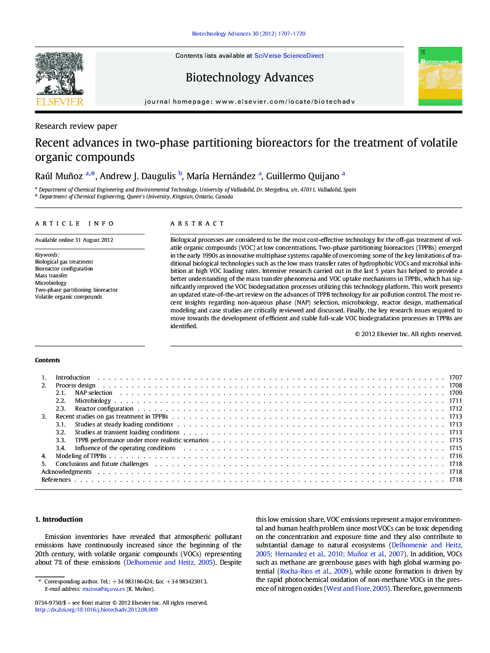 Recent advances in two-phase partitioning bioreactors for the treatment of volatile organic compounds