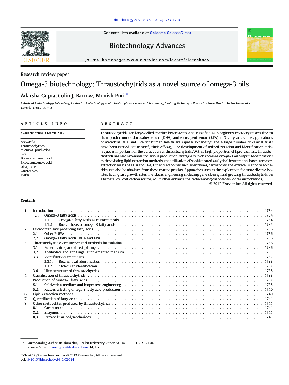 Omega-3 biotechnology: Thraustochytrids as a novel source of omega-3 oils